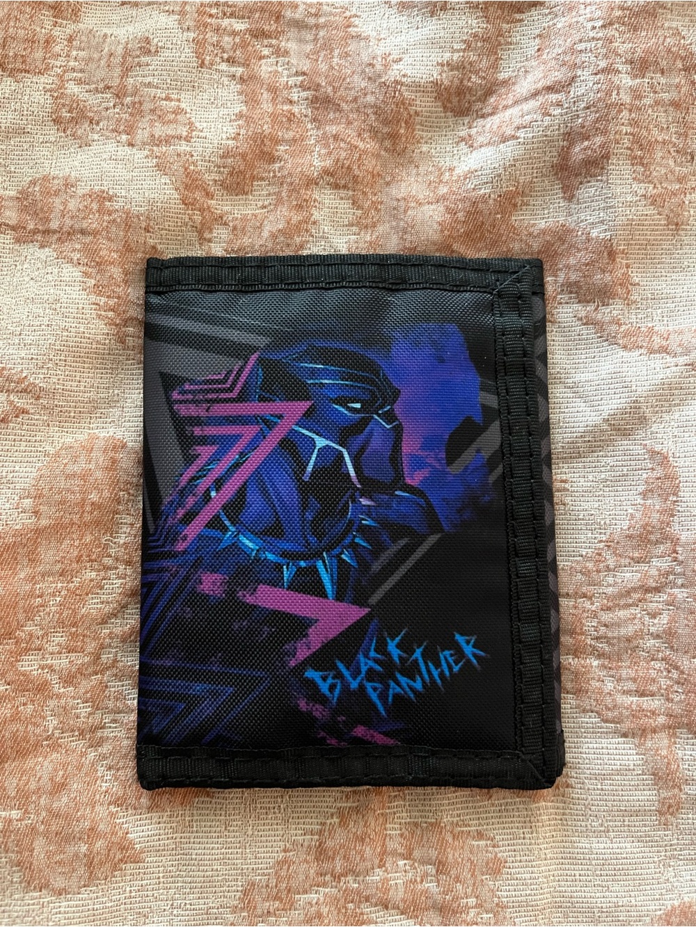 Black Panther Graphic Tri-Fold Wallet - Black with Purple & Blue Accents
